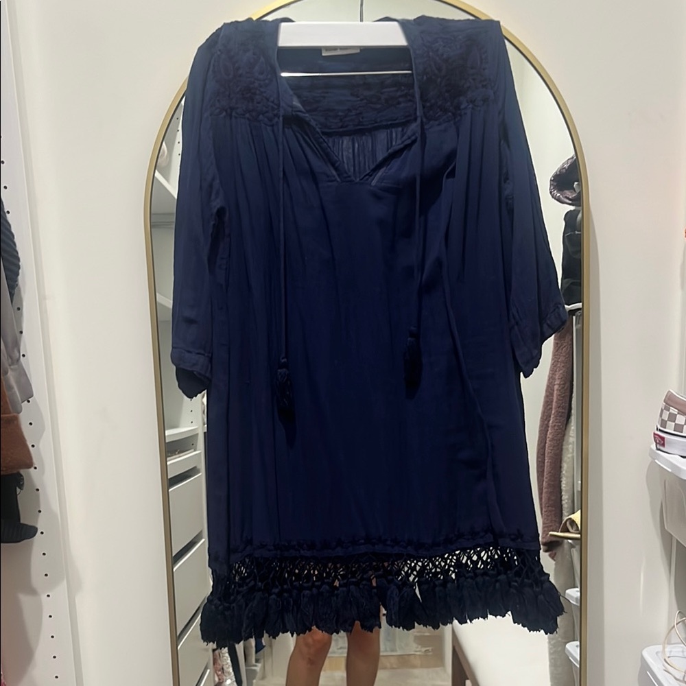 Roller Rabbit Navy Blue Boho Dress with Tassels - swim cover up size XS